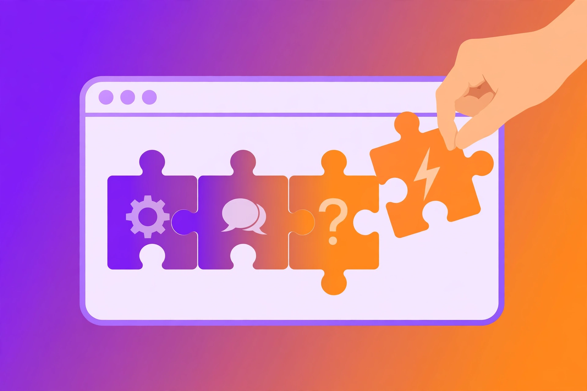 No-code chatbot builder illustration: puzzle pieces snapping together over a browser window