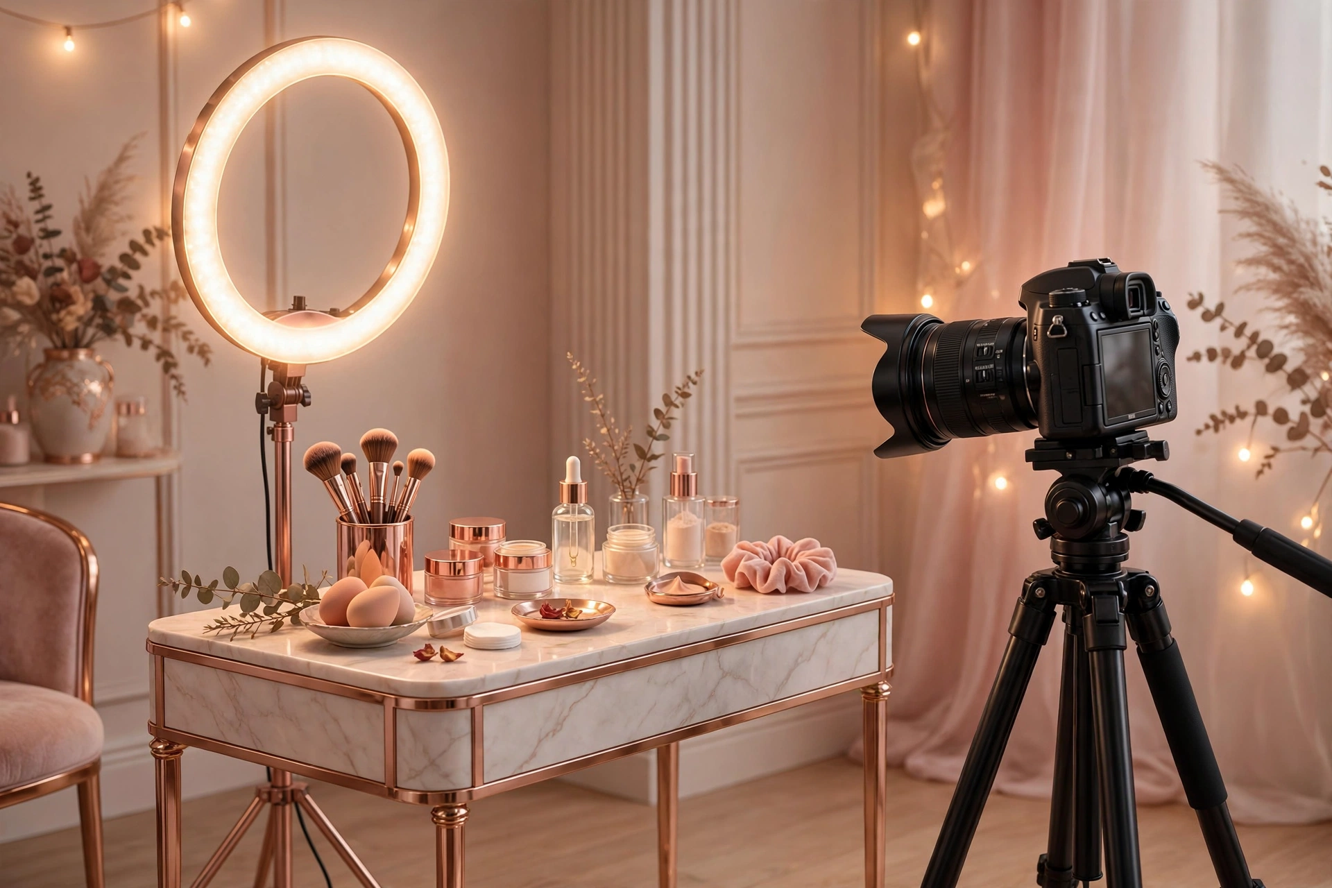 Noor Stars brand deals: beauty vlog filming setup with ring light representing sponsorship income