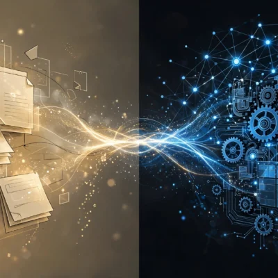 Notion AI vs ClickUp Brain comparison 2026: abstract illustration of two AI productivity workspaces