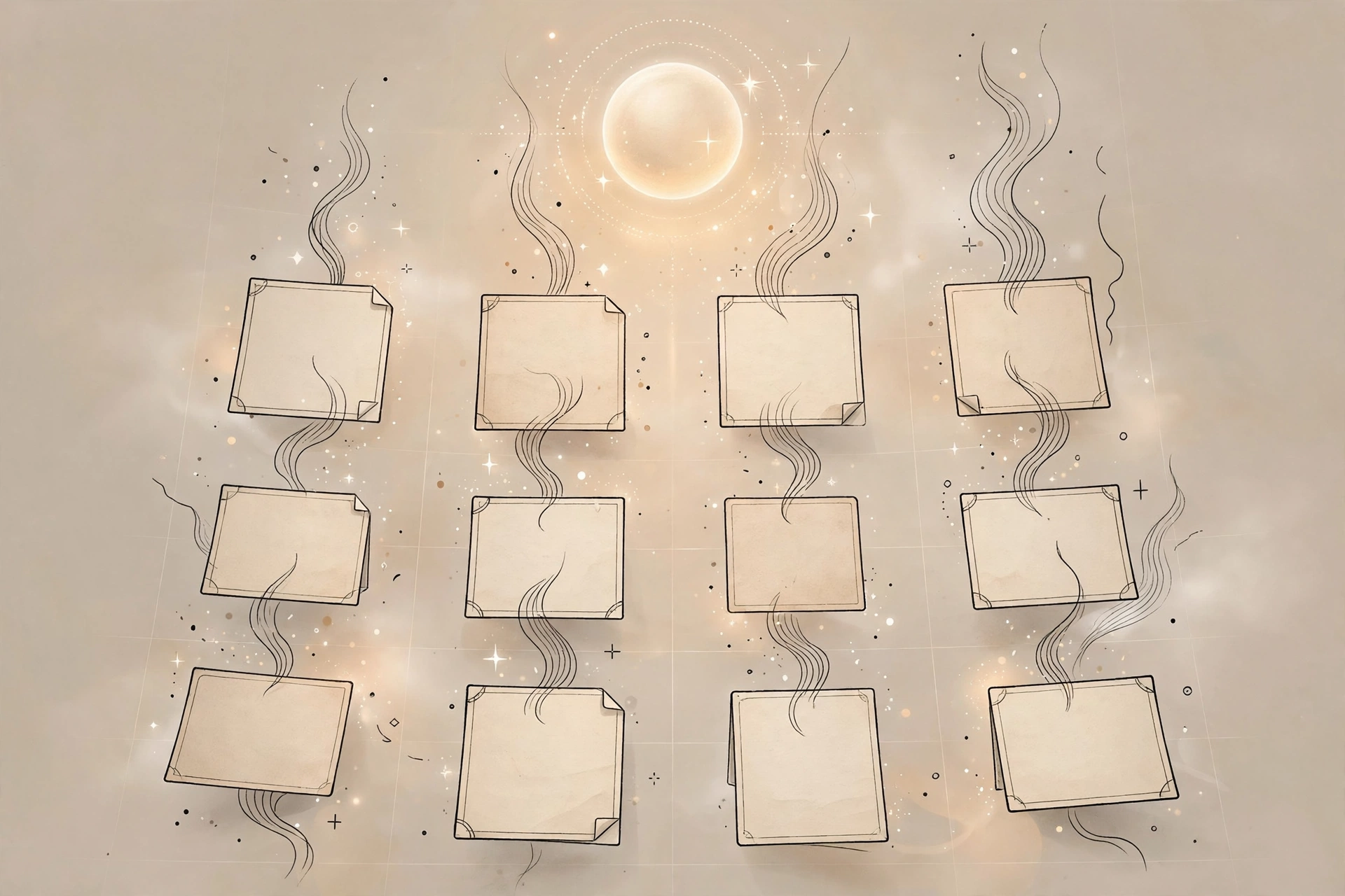 Abstract illustration of a Notion AI workspace with AI-assisted notes and documents