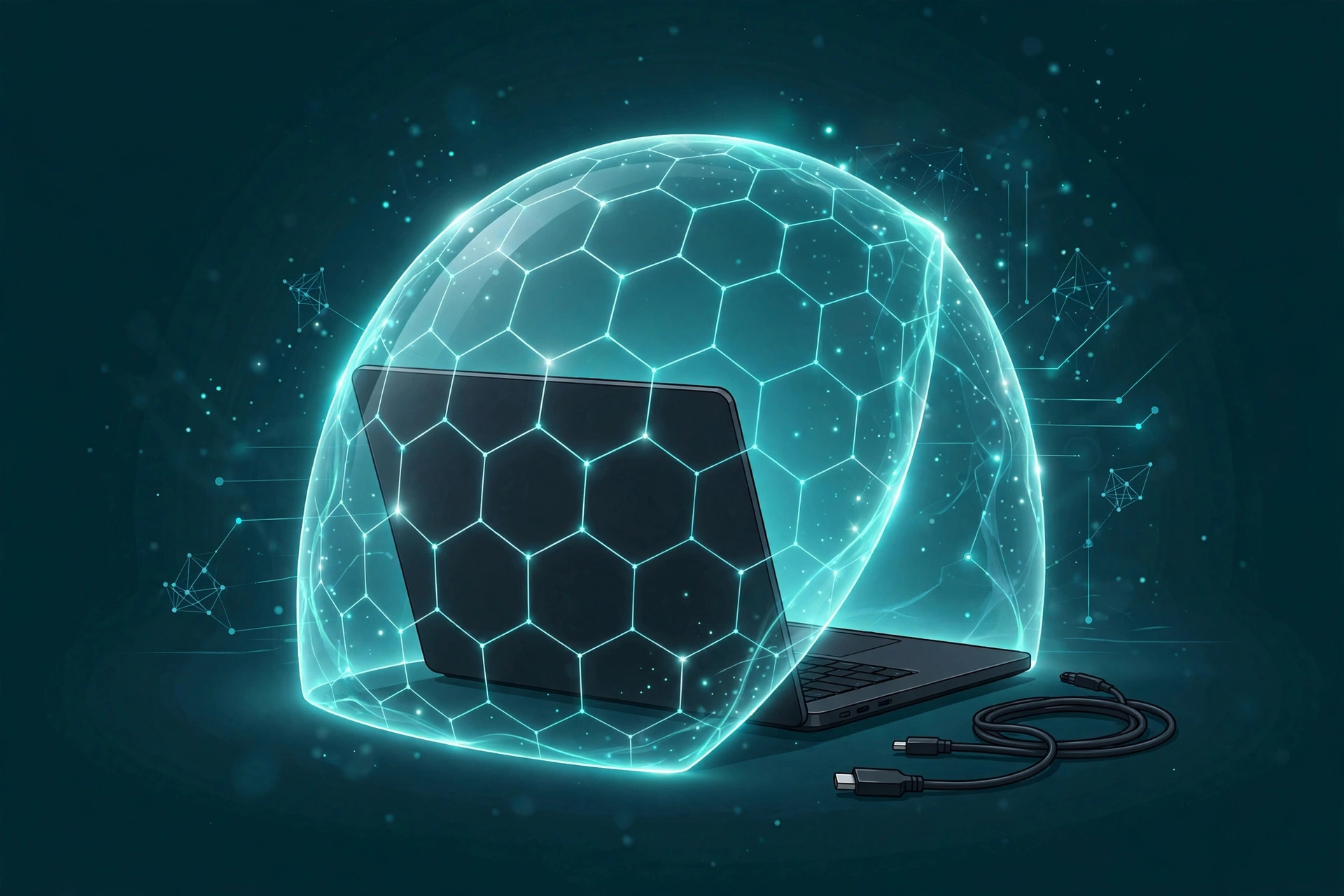 Illustration of a laptop with a privacy shield and unplugged cable symbolizing offline private AI models