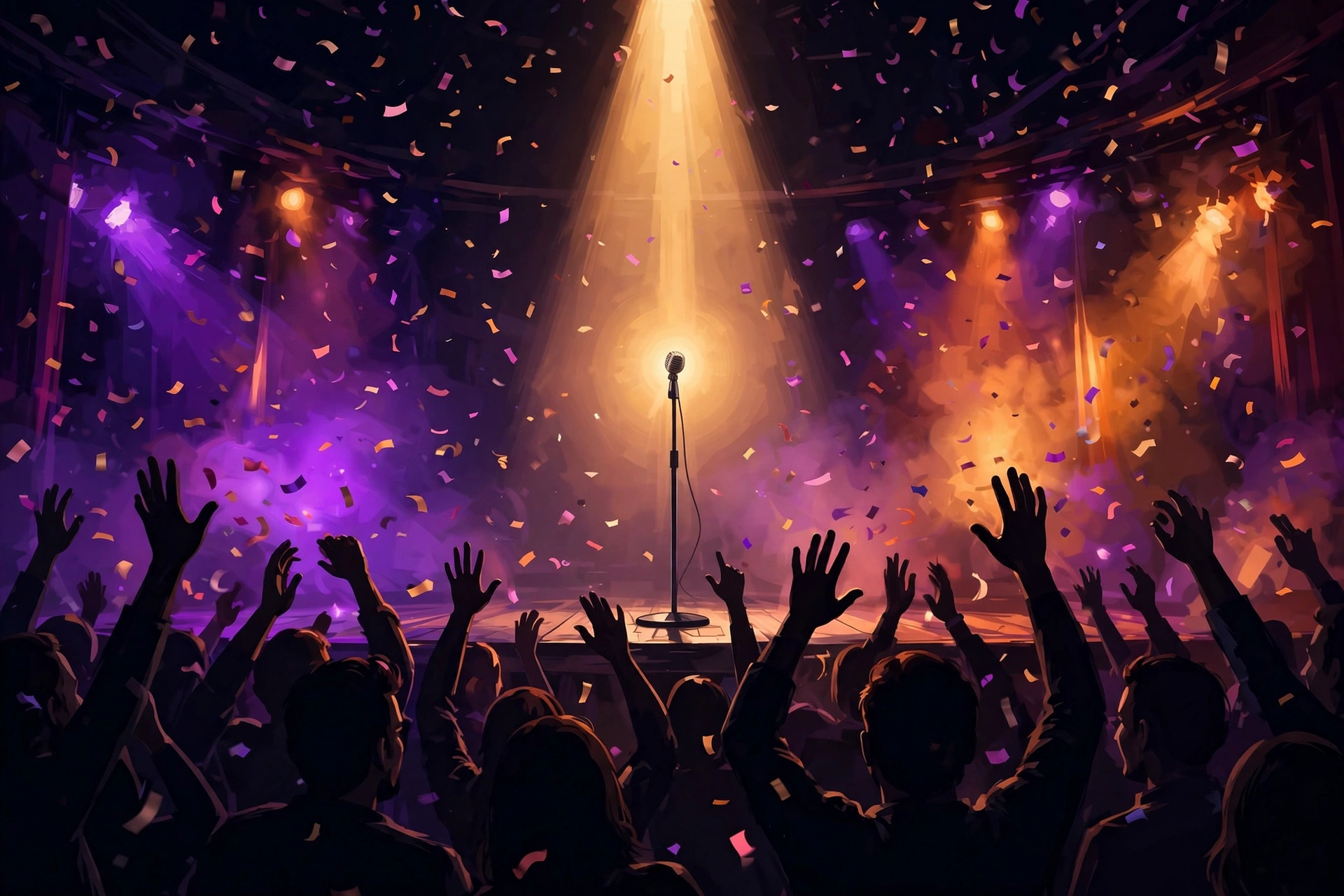 Peller TikTok live gifts: comedy stage with microphone and spotlight representing livestream earnings