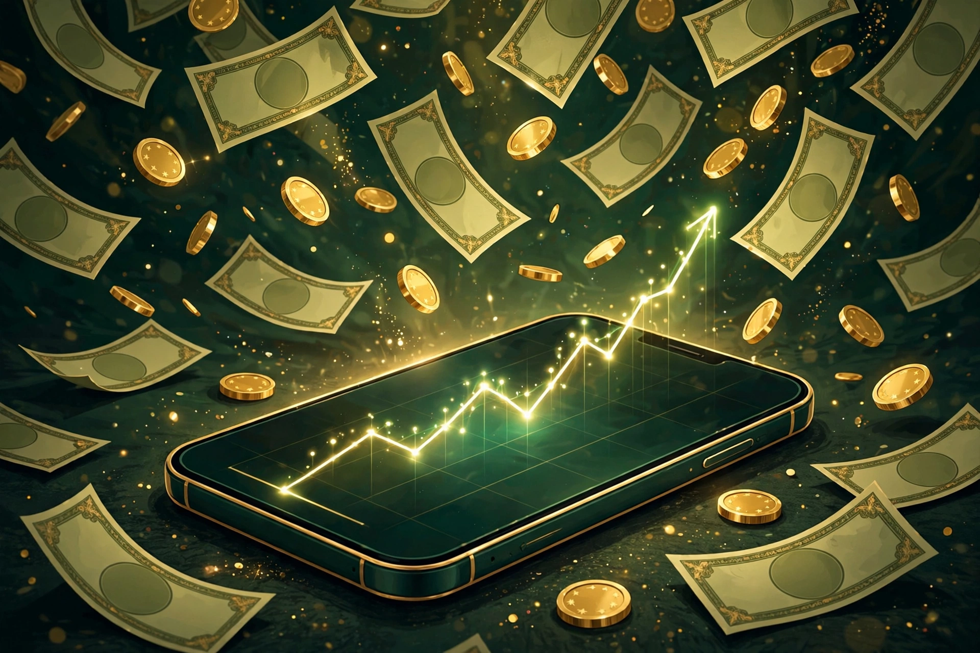 Peller streaming income: money raining over smartphone with rising chart for creator wealth