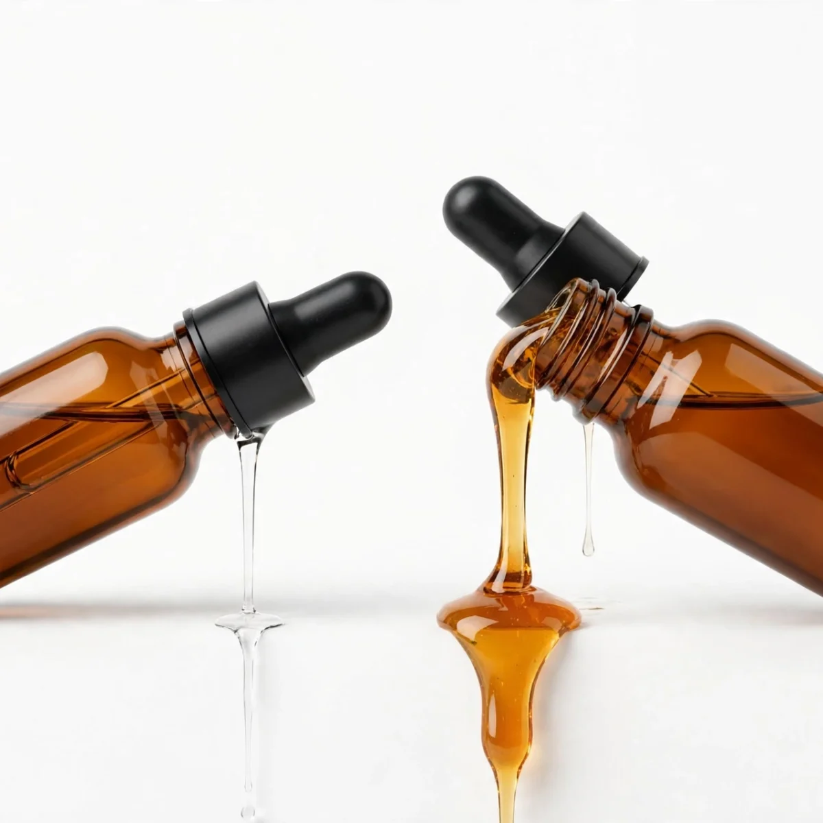Two e-liquid bottles pouring thin and thick liquid illustrating PG vs VG differences