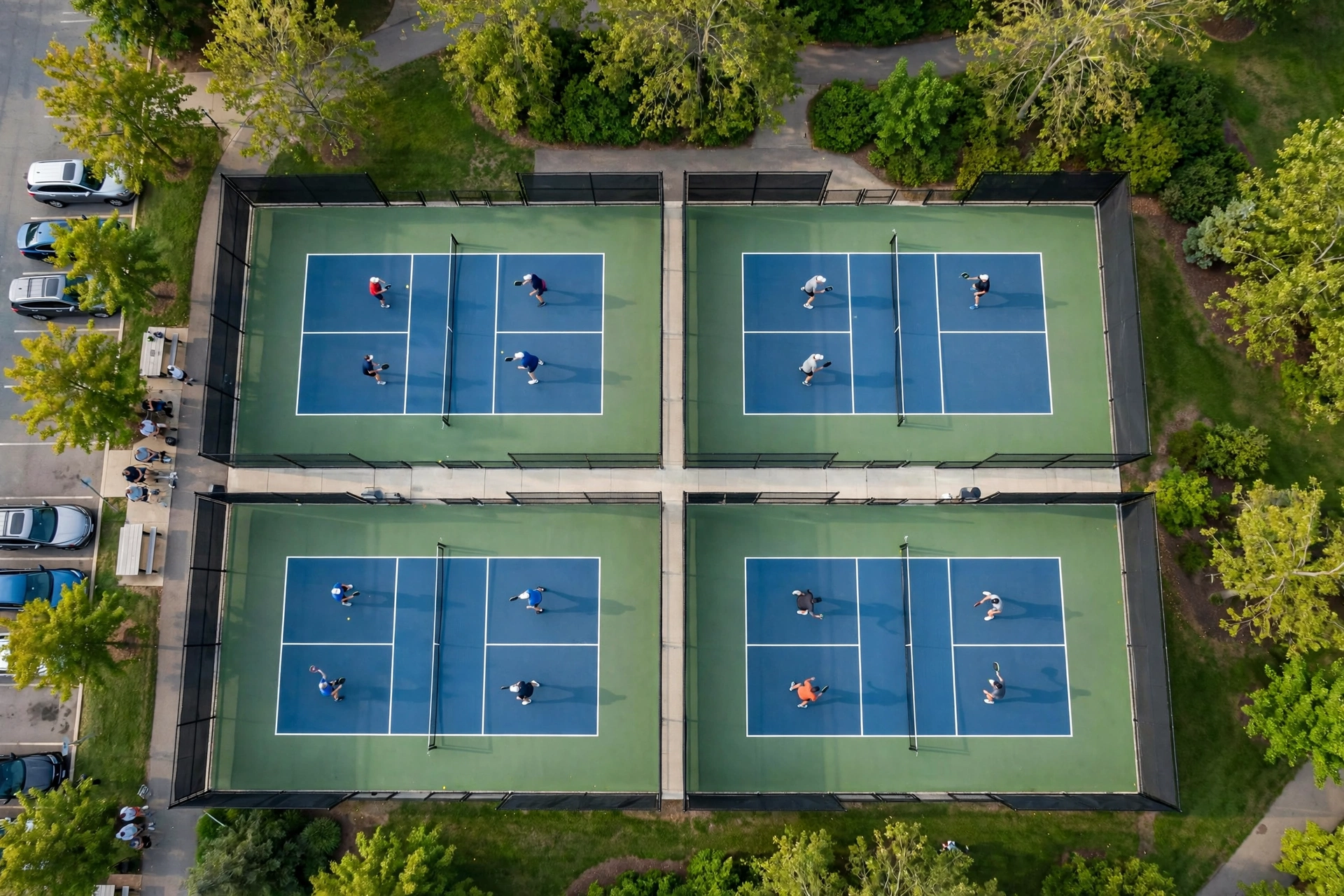 Aerial view of pickleball courts with players during a community game