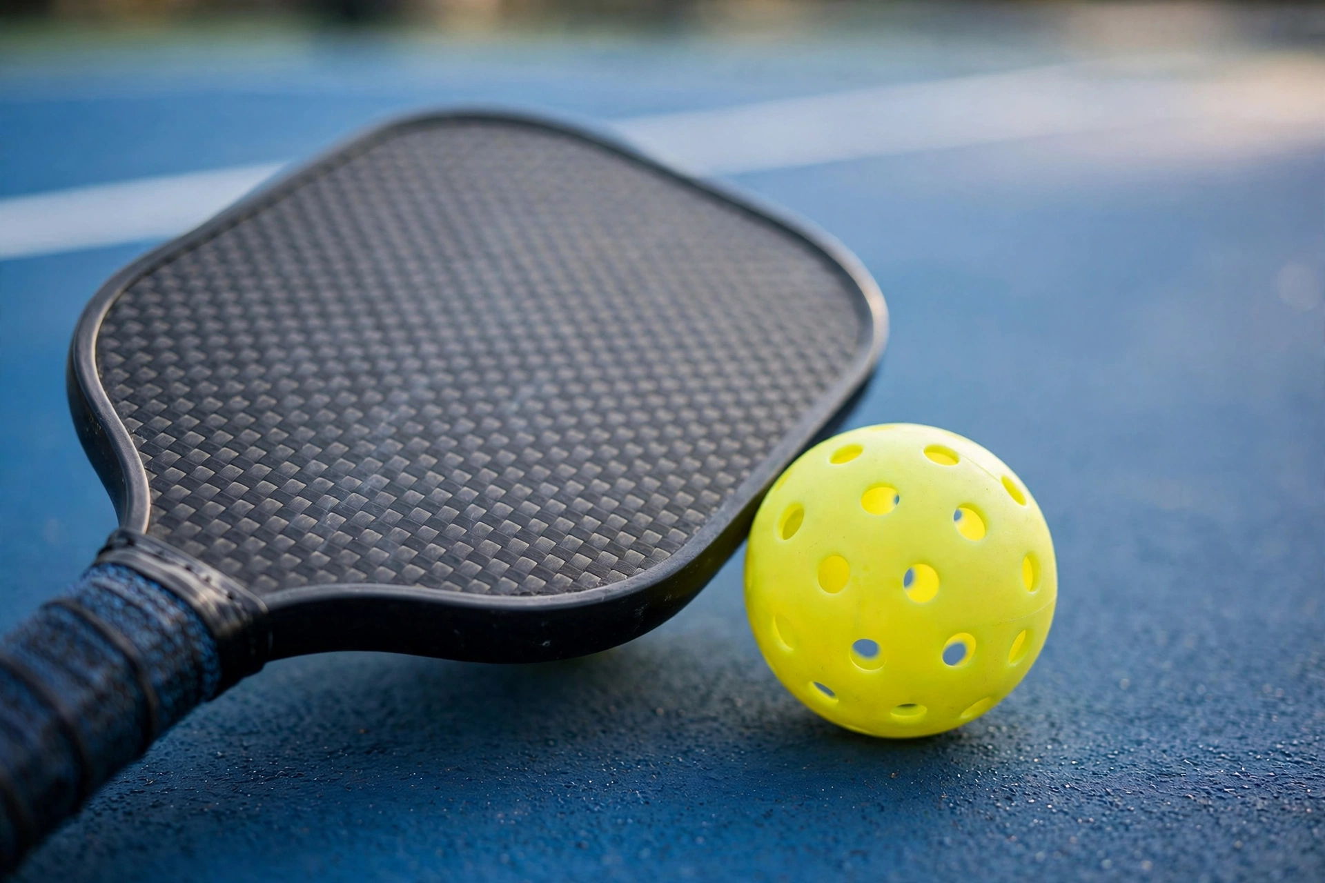 Pickleball paddle and ball close-up on a court