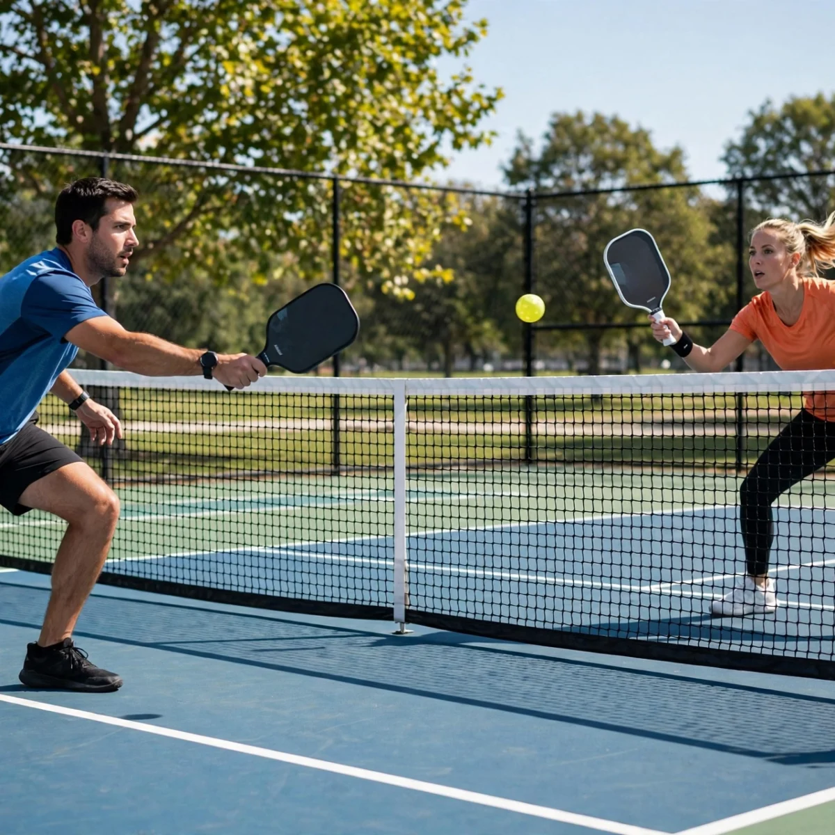 Two pickleball players rallying at the net