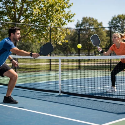 Two pickleball players rallying at the net
