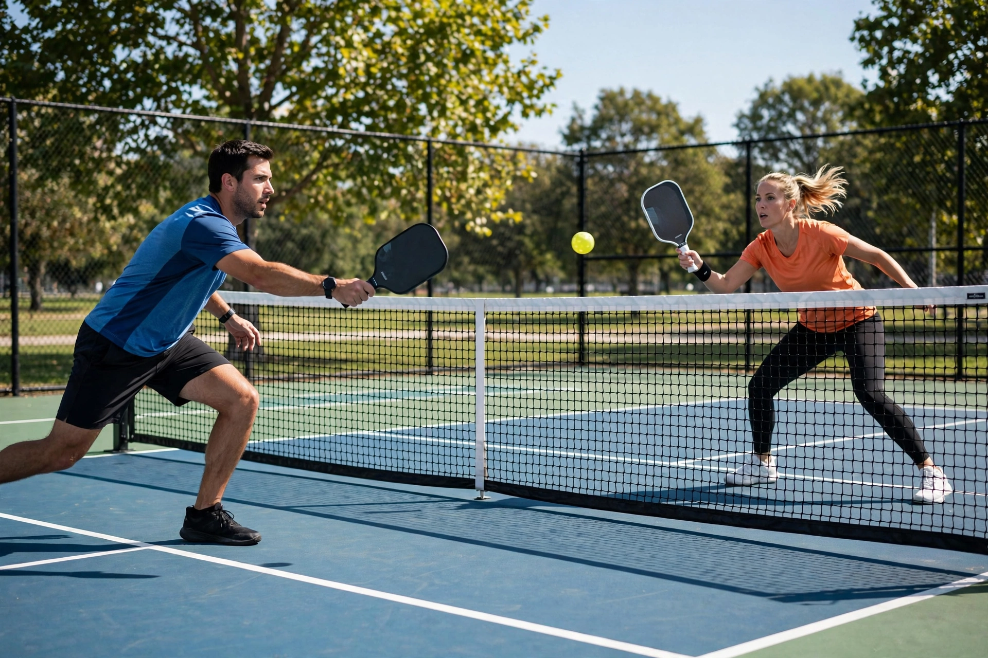 Two pickleball players rallying at the net
