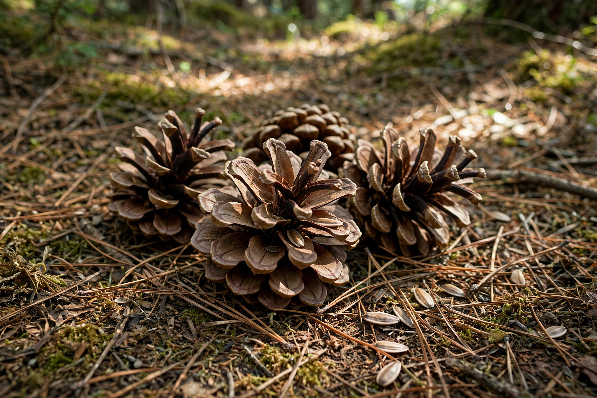 Open pine cones with seeds on a forest floor among fallen pine needles in dappled sunlight