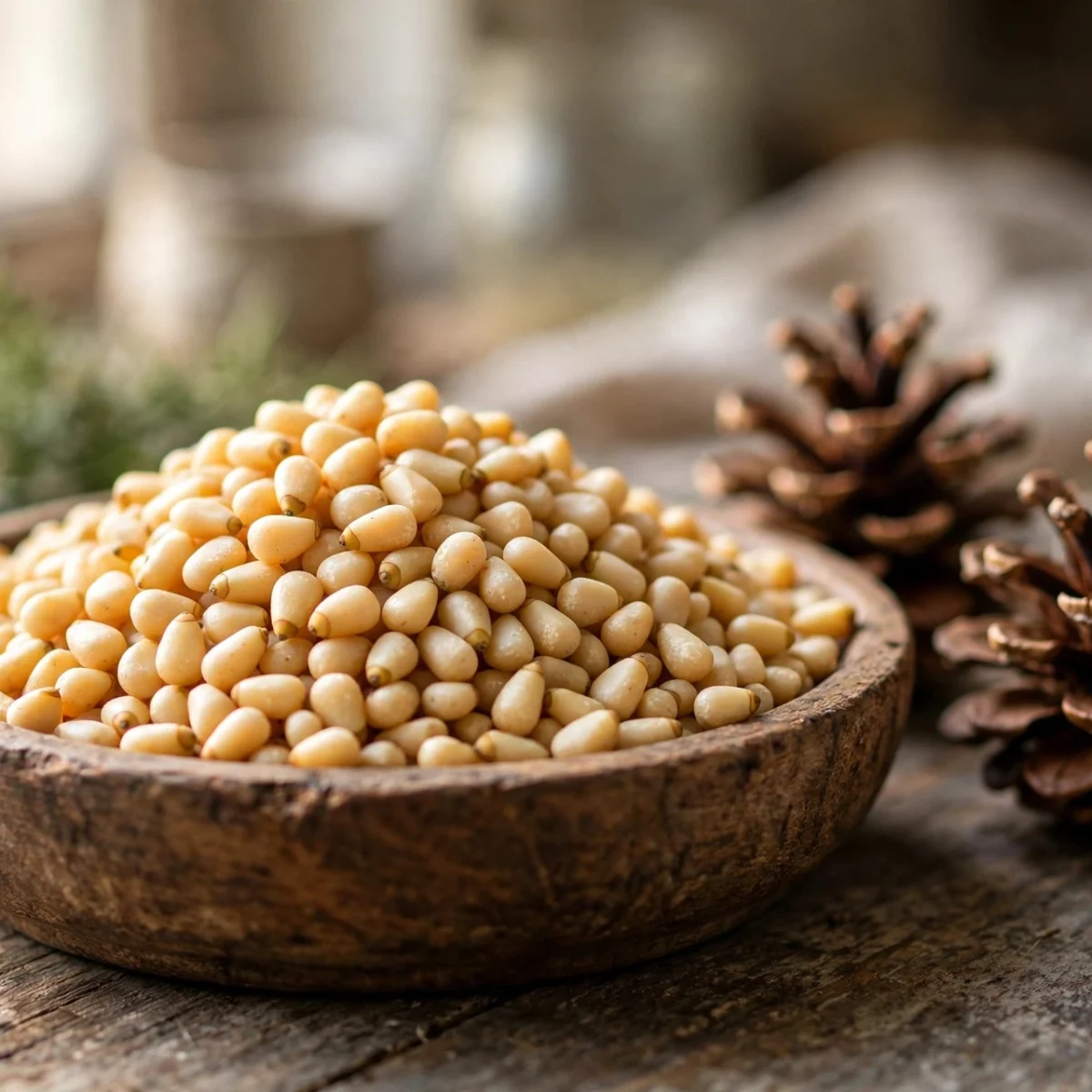 Shelled pine nuts in a rustic wooden bowl with pine cones beside it in warm natural light