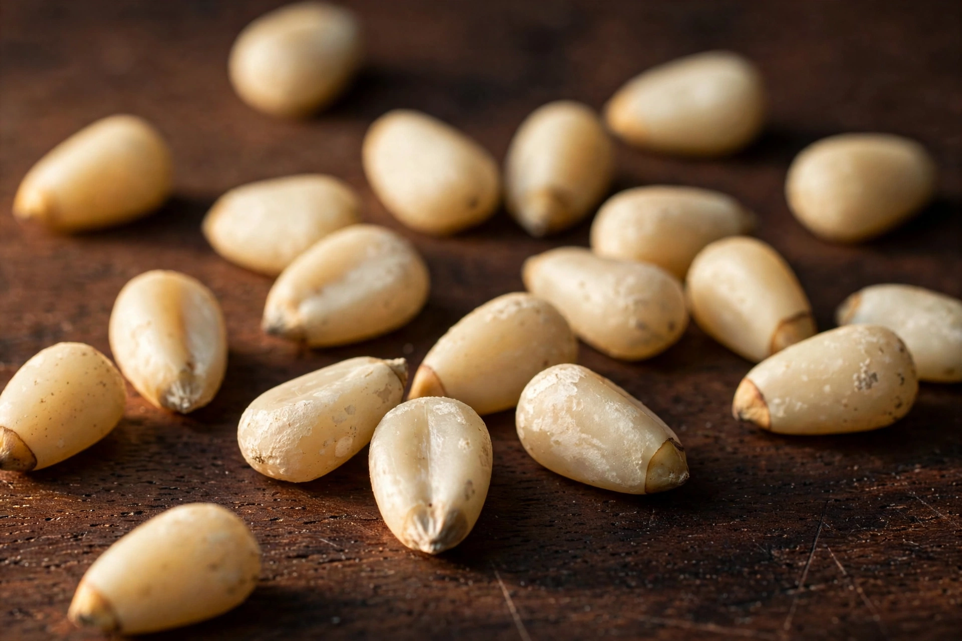 Closeup of shelled pine kernels scattered on a dark wooden surface showing ivory teardrop shape