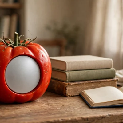 Tomato-shaped kitchen timer on a study desk with books