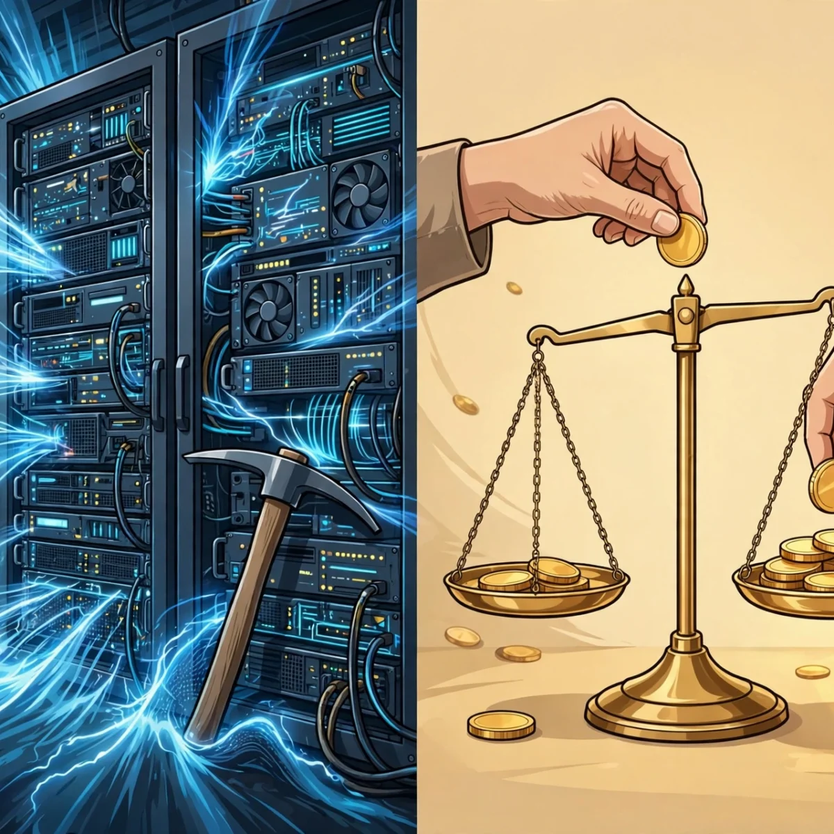 Proof of work vs proof of stake comparison with mining and staking icons
