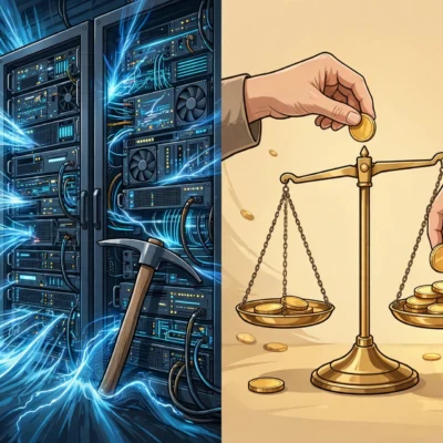 Proof of work vs proof of stake comparison with mining and staking icons