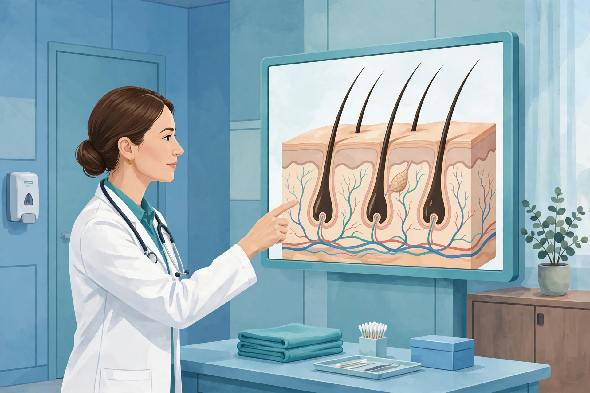 PRP hair transplant procedure: doctor explaining hair follicle diagram in clinic