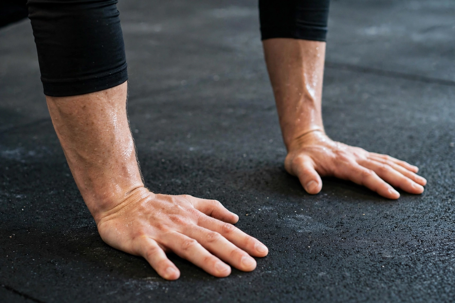 Close-up of hands and arms in push-up position showing proper hand placement