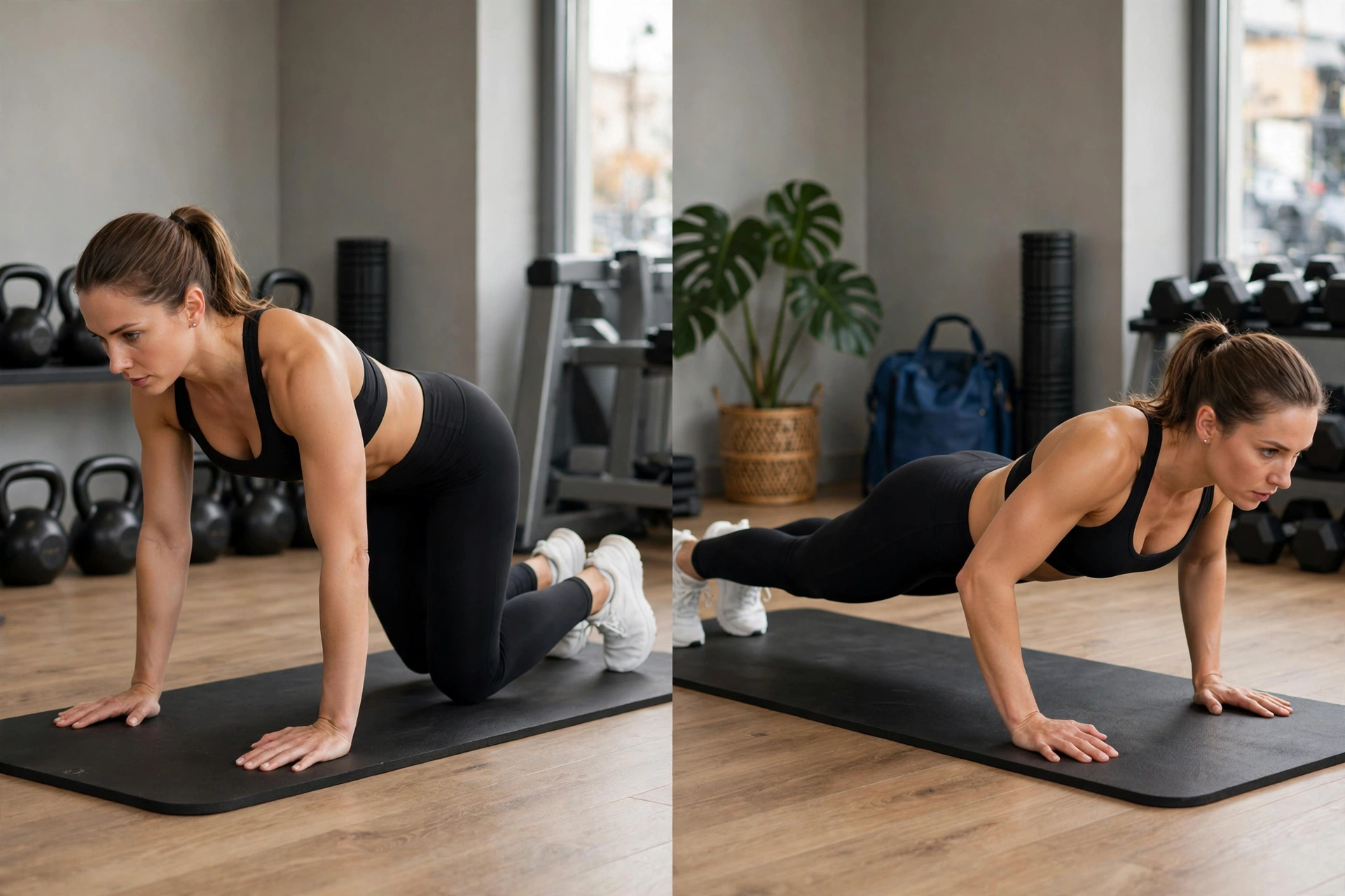 Push-up progression from knee push-up to full push-up demonstrating easier to harder variations