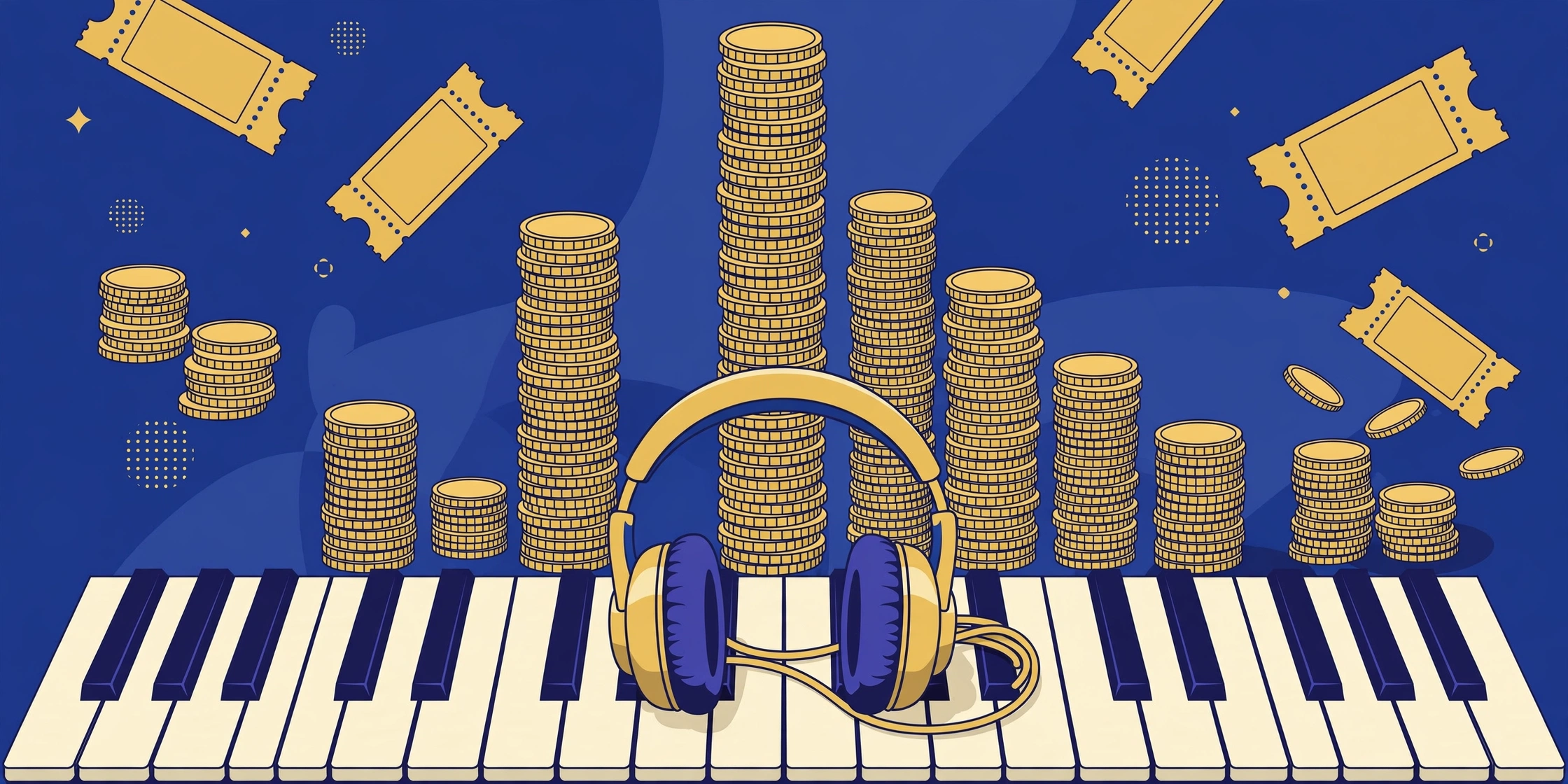 Rod Wave income sources: streaming royalties, headphones and piano with gold coin sound waves