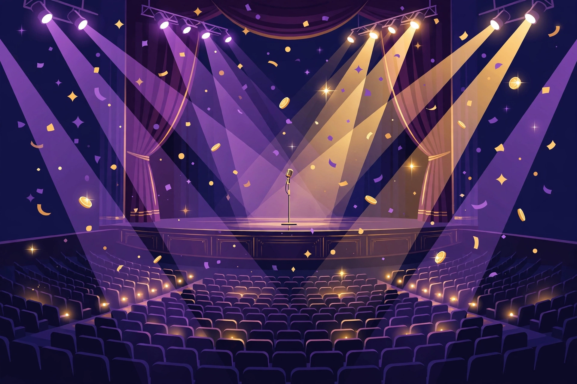 Rod Wave touring lifestyle: concert stage with spotlights and floating gold coins