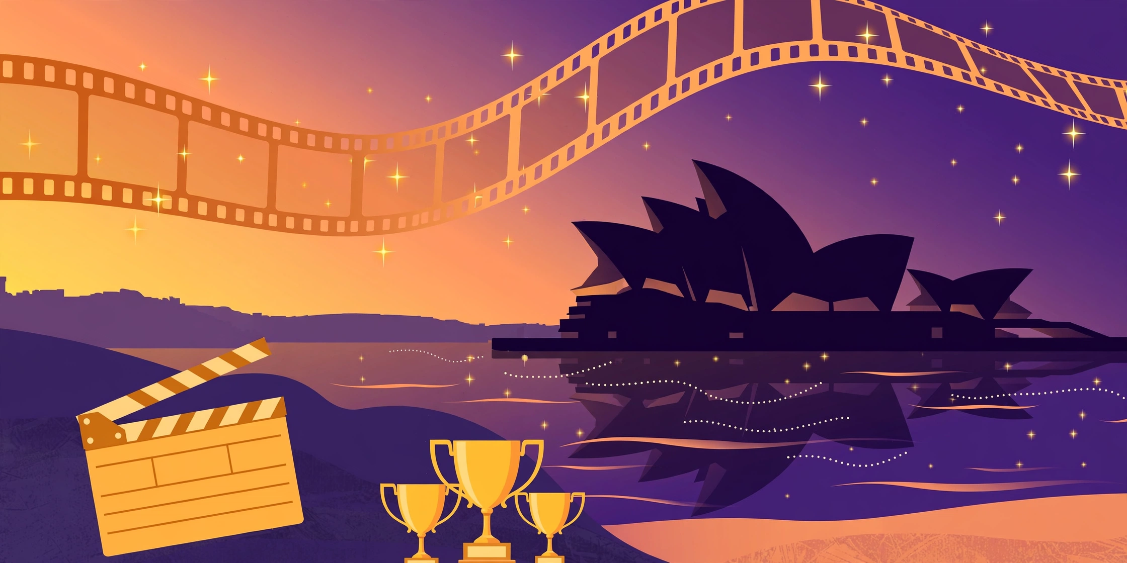 Rose Byrne acting career journey from Sydney to Hollywood, film strip and Opera House illustration