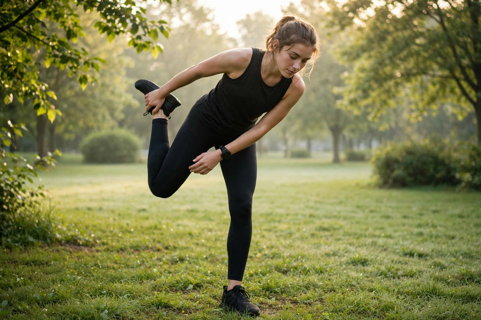 Runner stretching in a park after a workout