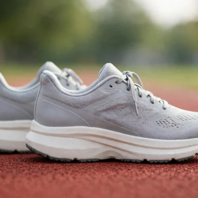 How to choose running shoes for beginners: pair of running shoes on an athletic track