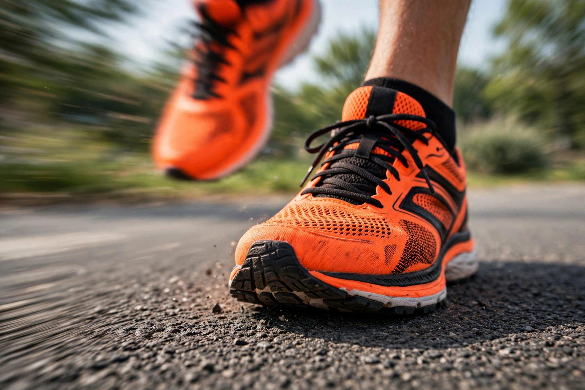 Runner's feet in motion wearing running shoes on pavement