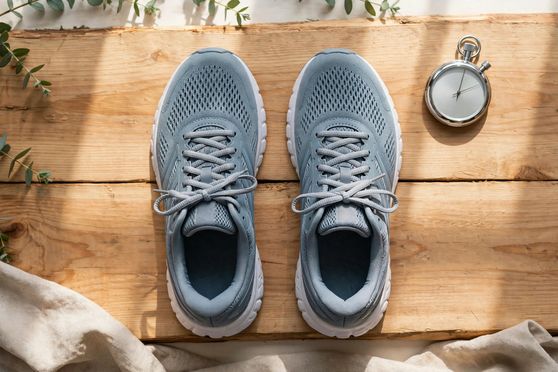 Running shoes and stopwatch flat lay on a wooden surface