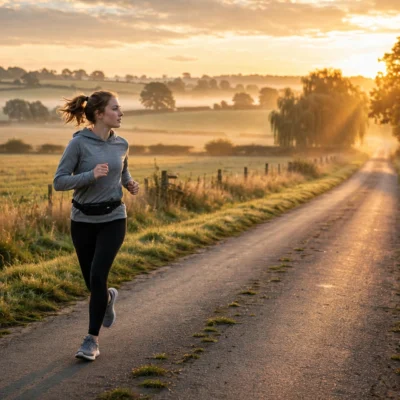 Runner jogging at sunrise on an empty road