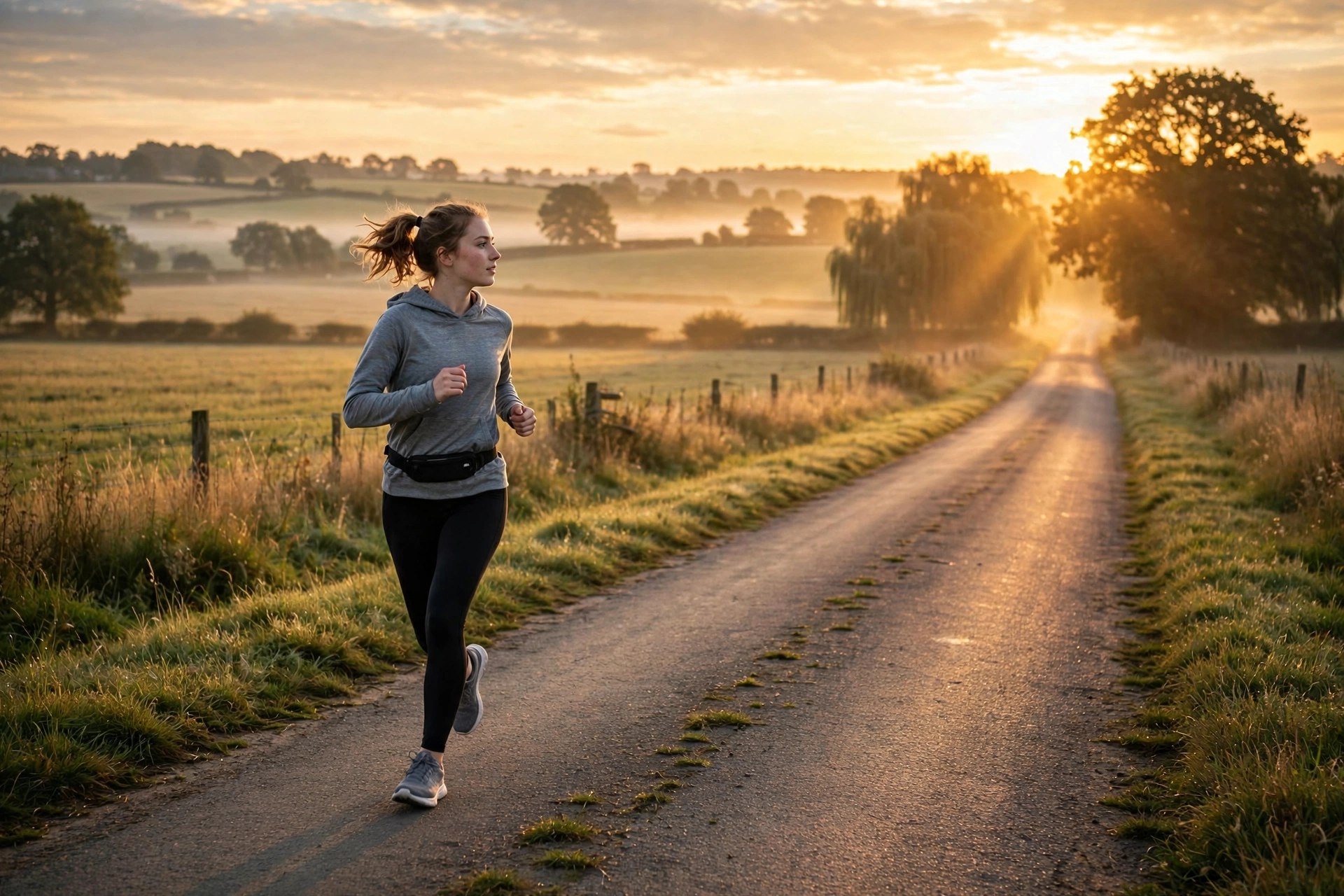 Runner jogging at sunrise on an empty road