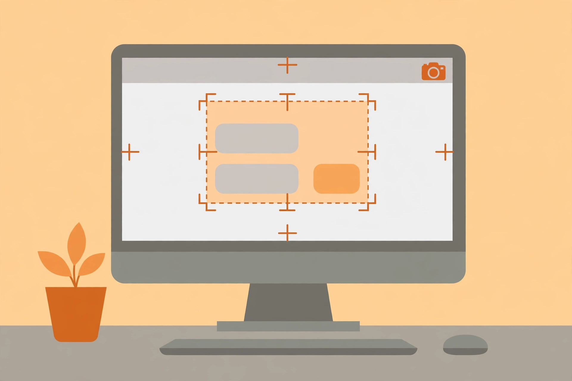 Illustration of a desktop computer with selection crosshairs marking a screenshot area on a Mac