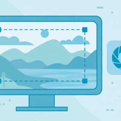 Illustration of a computer monitor with a dashed camera capture frame showing how to take a screenshot on Windows and Mac
