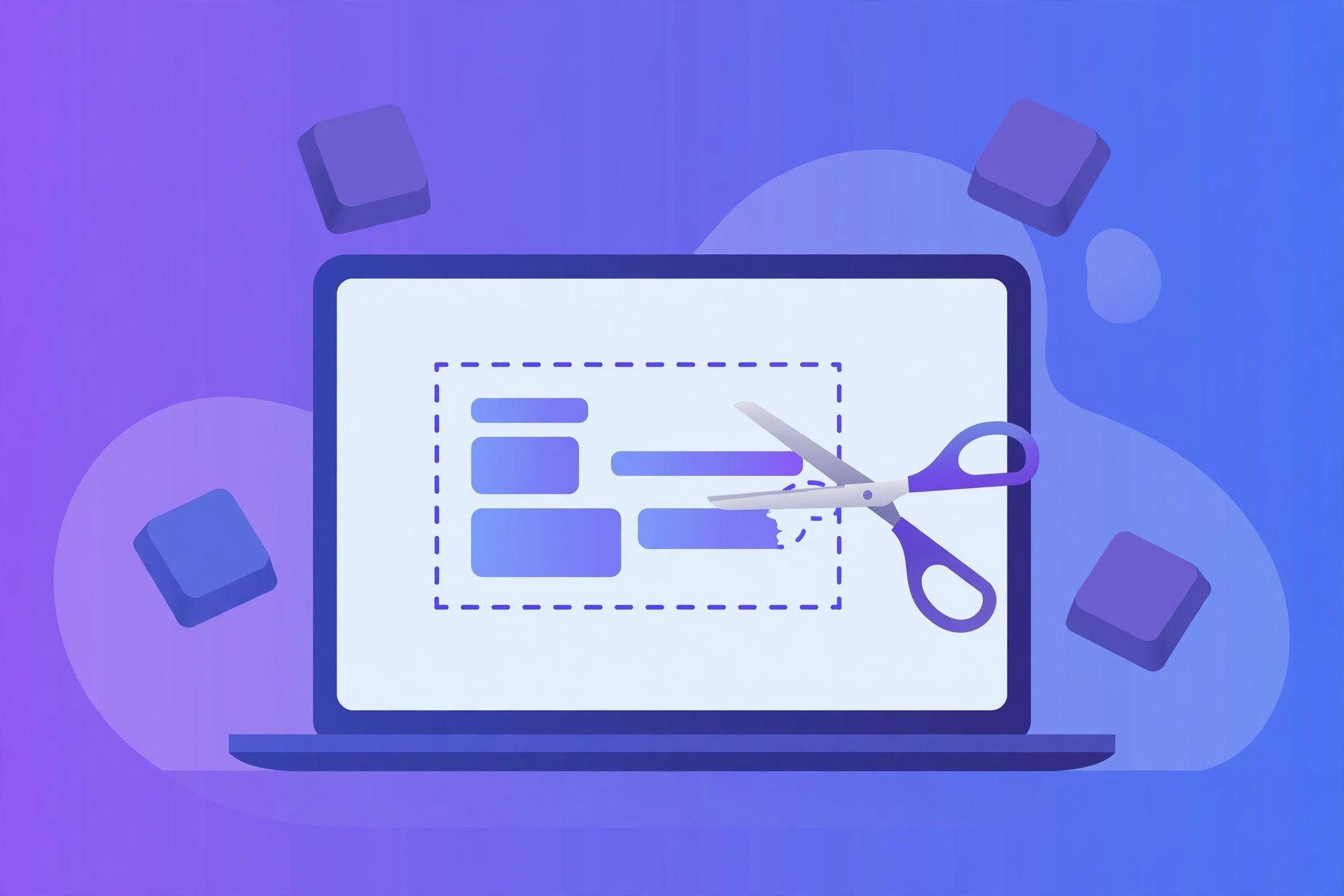 Illustration of a laptop screen with scissors snipping a rectangular screenshot selection region