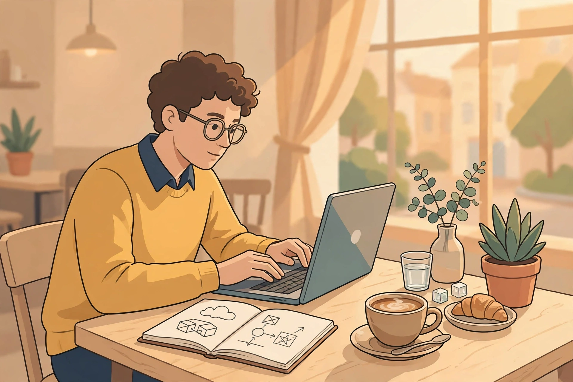 Planning a new small business at a cafe with laptop