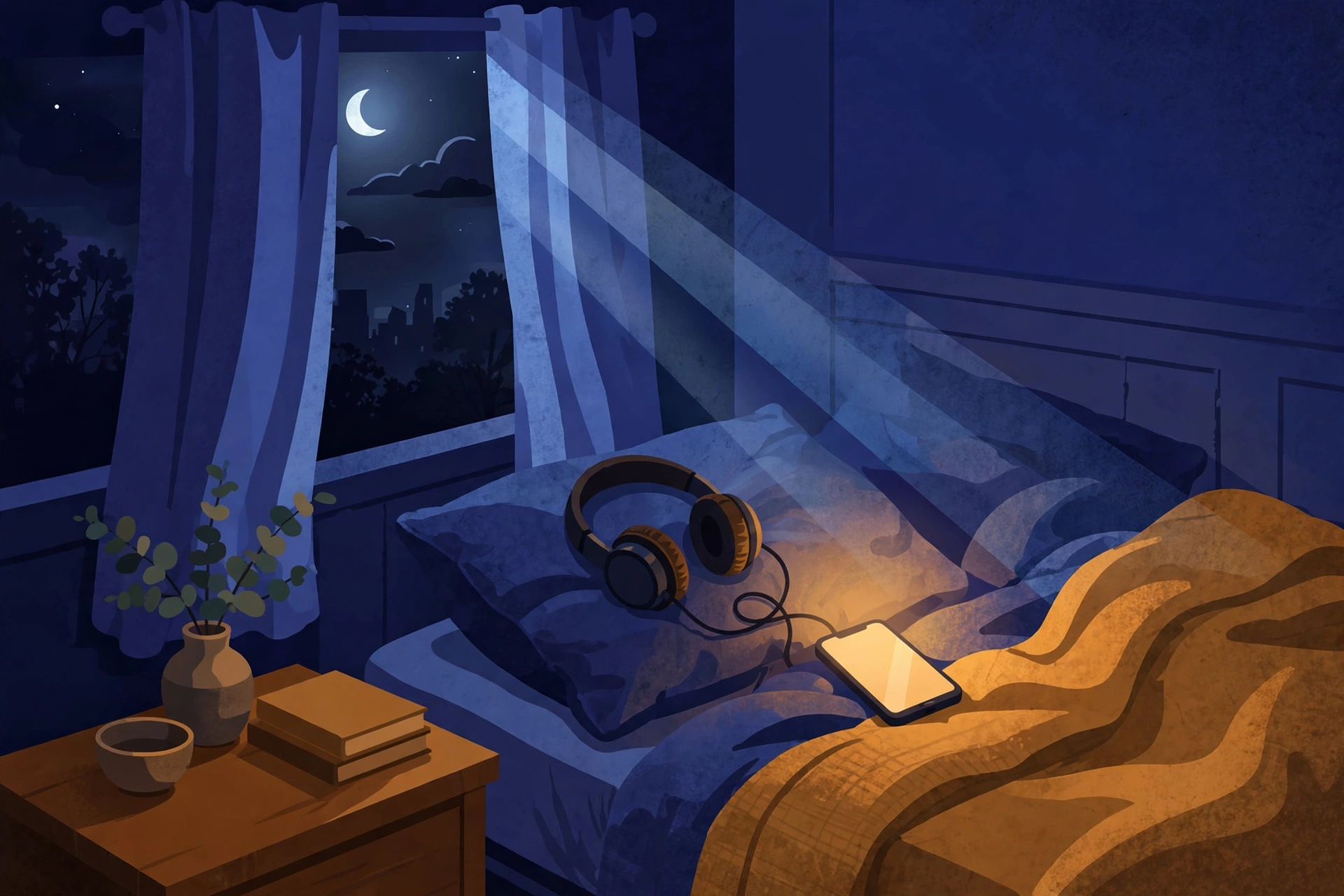 Late-night solo playlist: cozy bedroom with headphones and moonlight