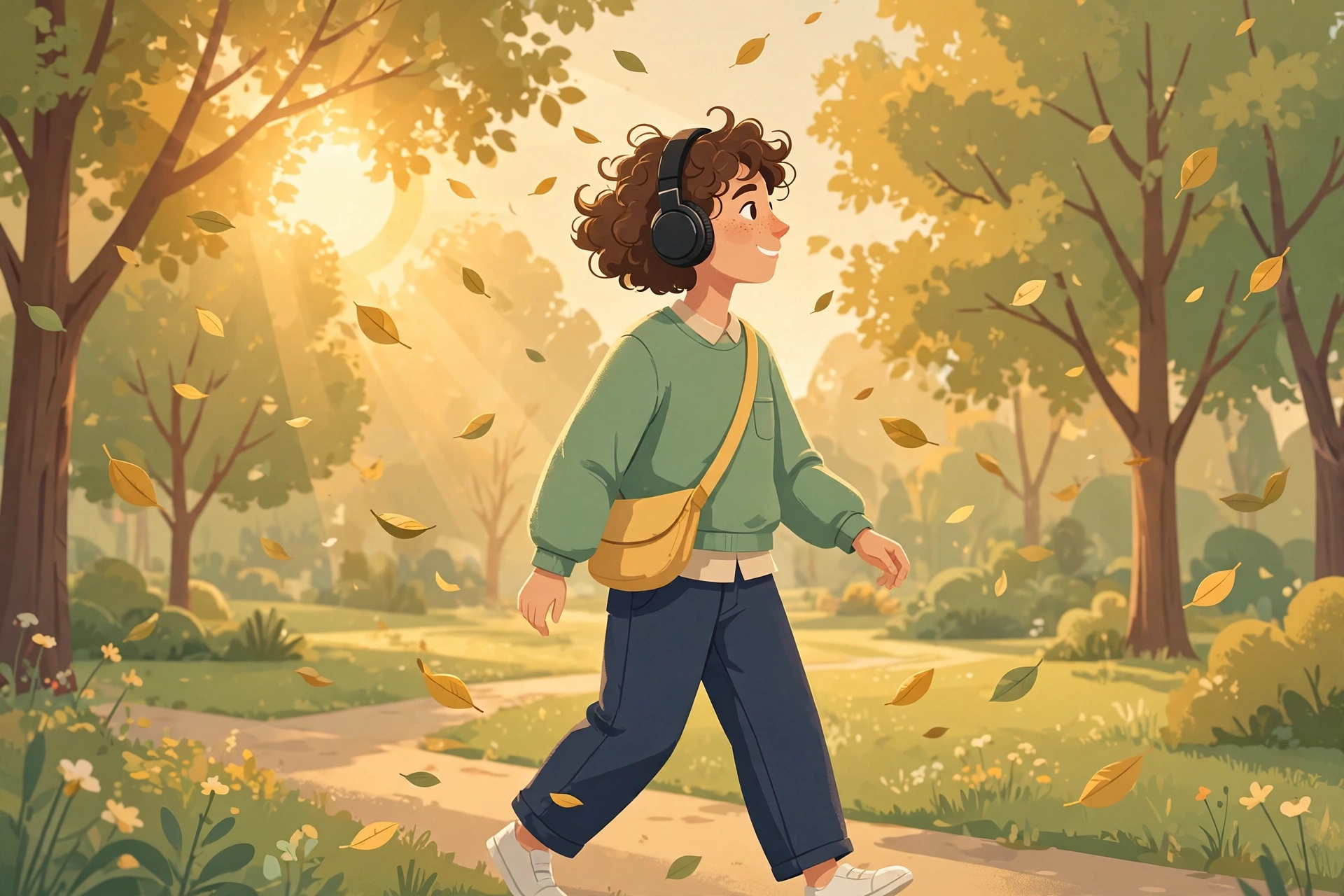 Uplifting morning songs: person with headphones walking in sunlit park