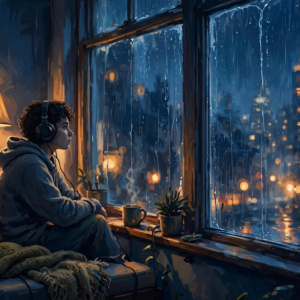 Songs to listen to when you are alone: person with headphones by rainy night window