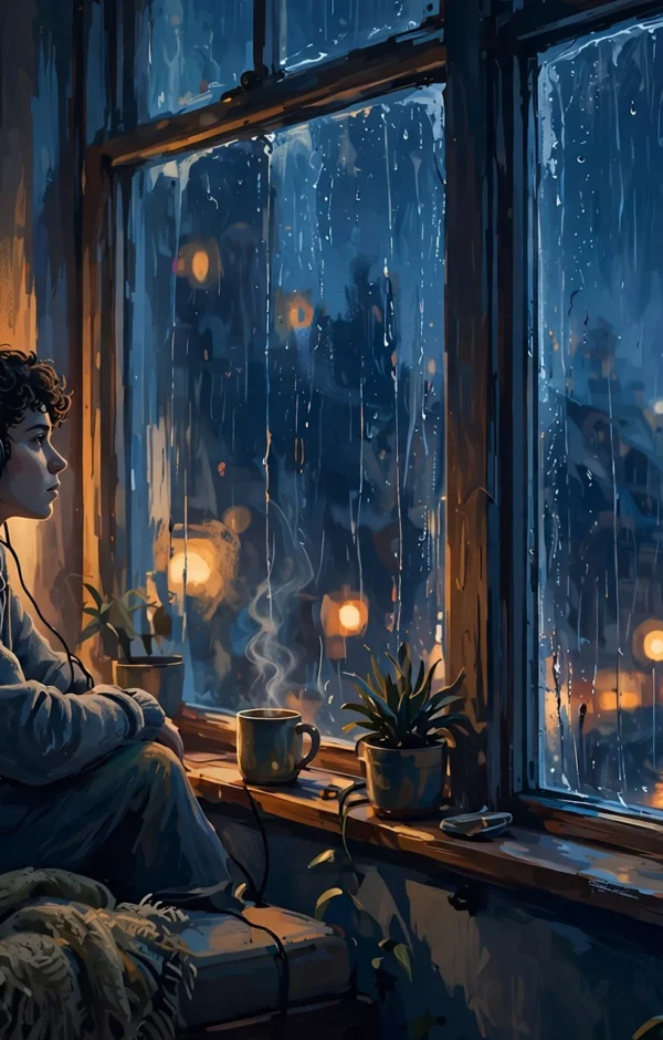 Songs to listen to when you are alone: person with headphones by rainy night window