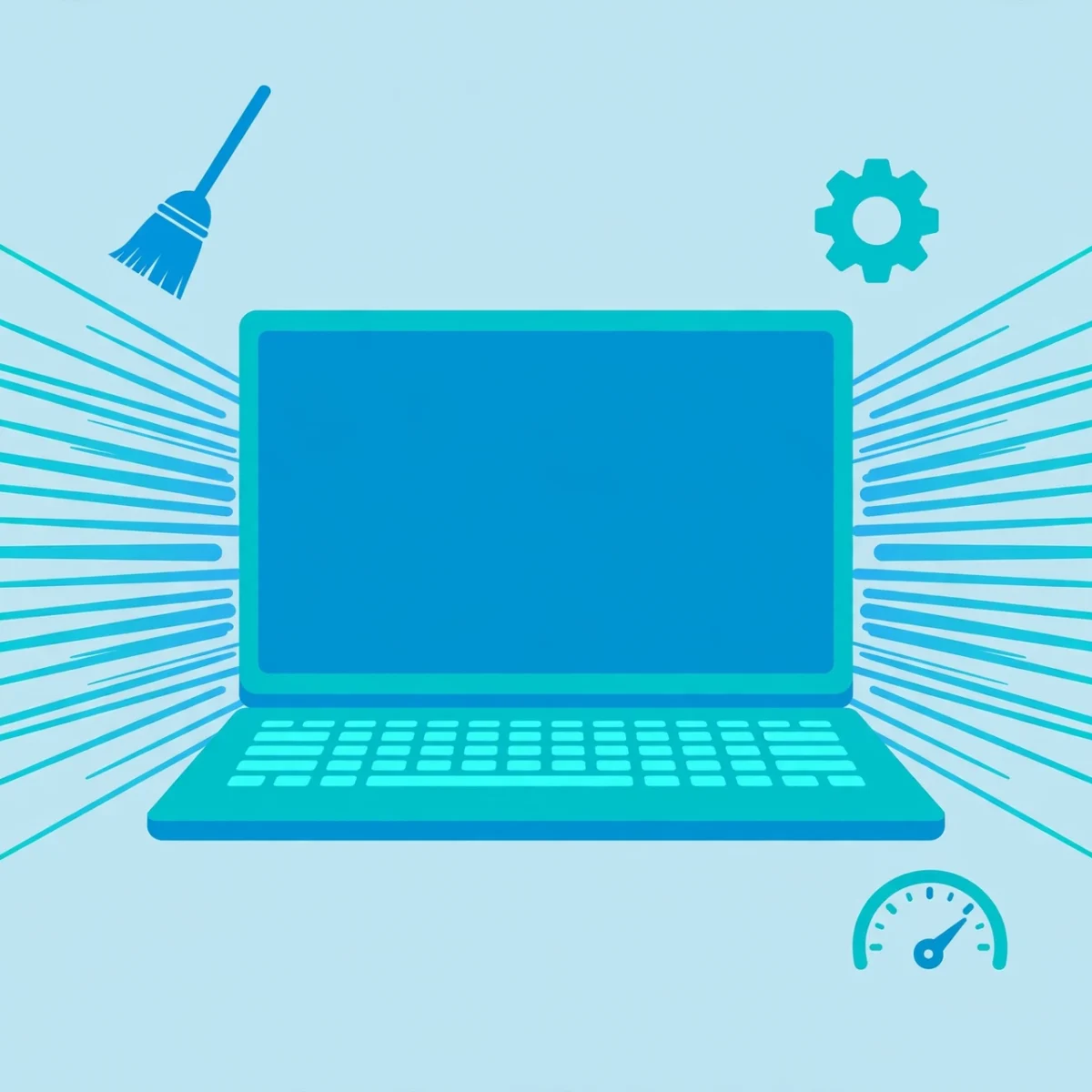 Illustration of a Windows 11 laptop with speed lines and optimization tools for faster performance