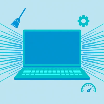 Illustration of a Windows 11 laptop with speed lines and optimization tools for faster performance