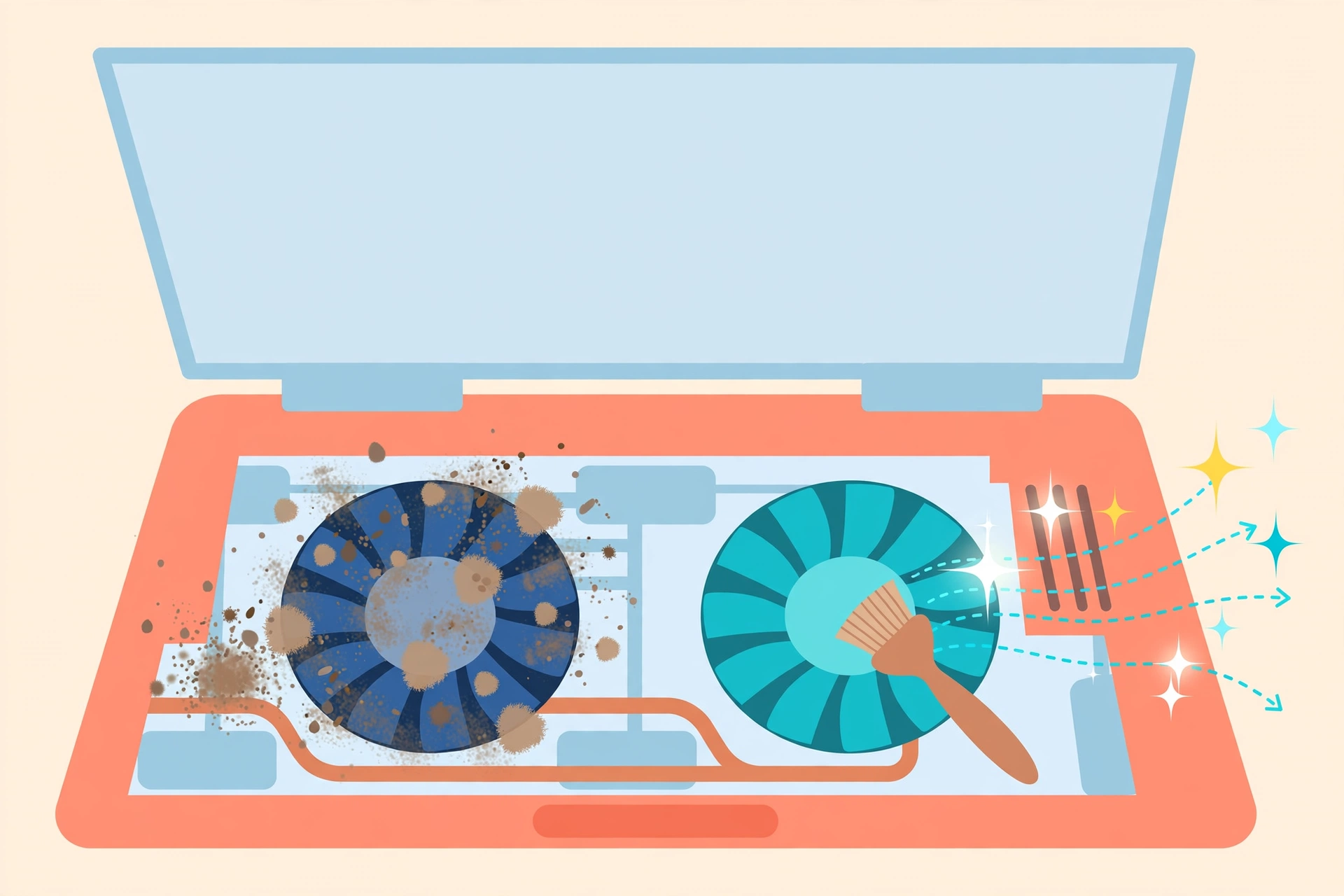 Illustration of cleaning dust from a laptop cooling fan to prevent slowdowns