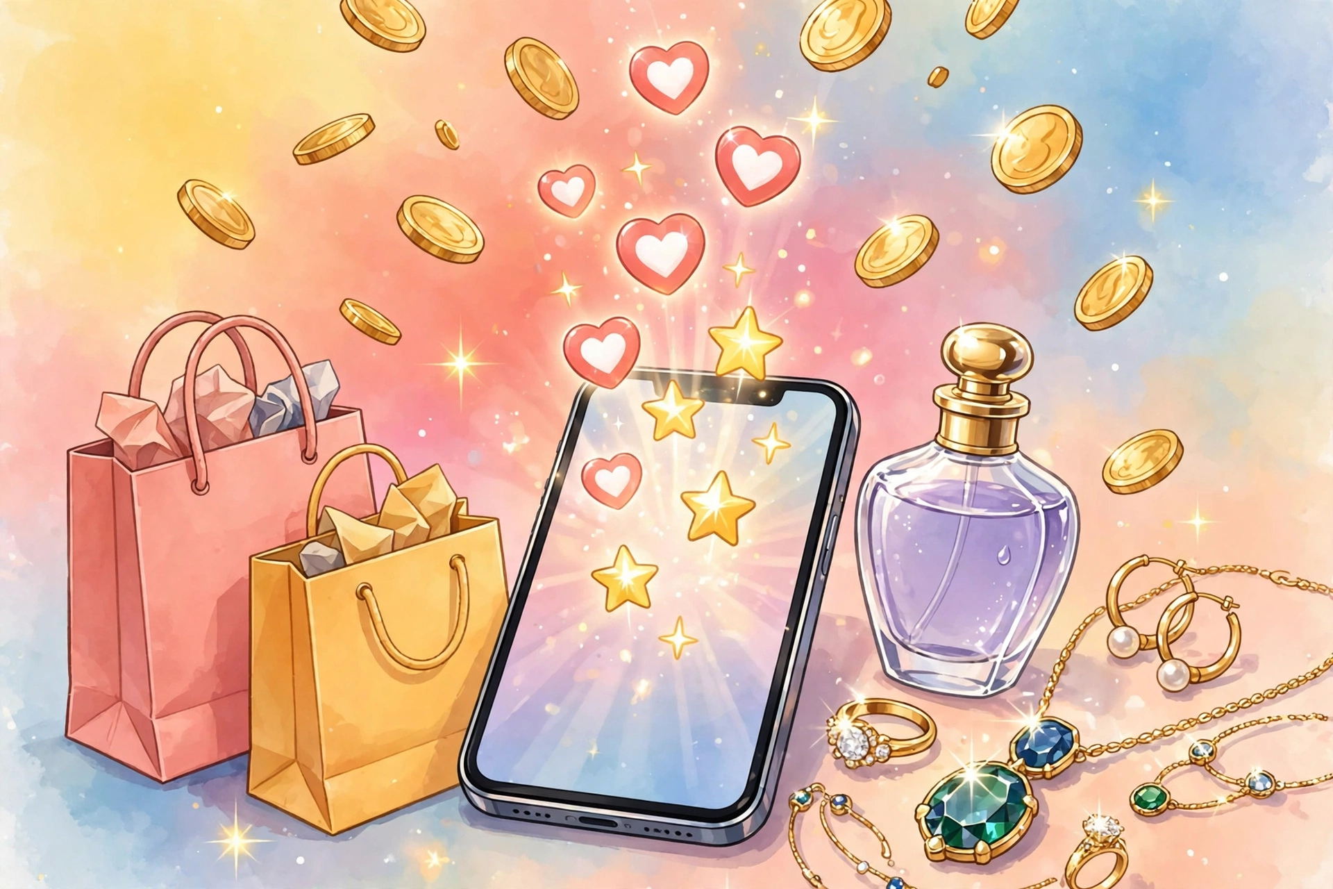 Sreeleela brand endorsements concept: smartphone with social icons, shopping bags and gold coins