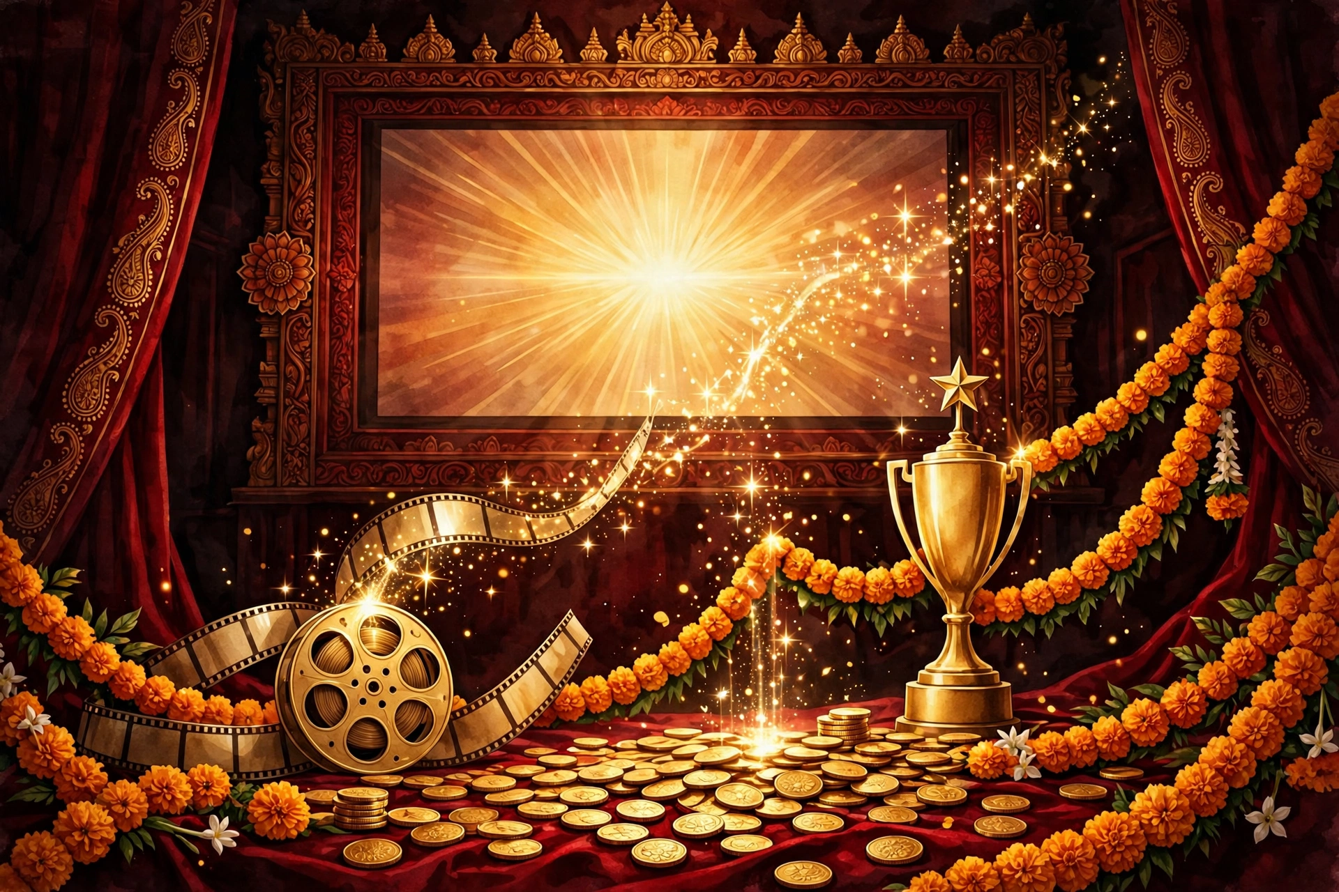 Sreeleela film career concept: cinema screen, golden award and coins from her Telugu and Kannada movie success