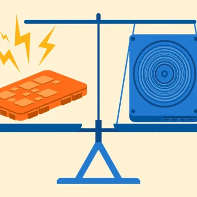 Illustration comparing an SSD and HDD on a balance scale