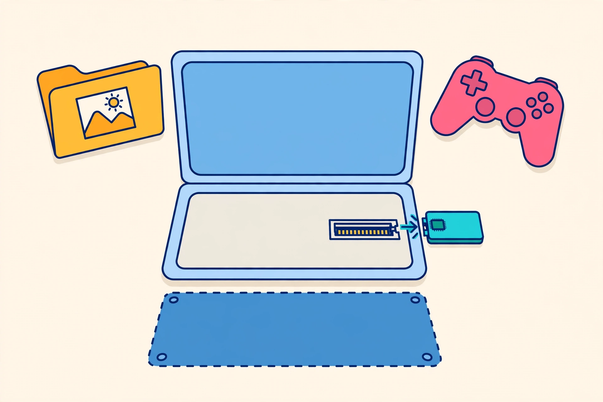 Illustration of upgrading a laptop by installing a new SSD for faster speed