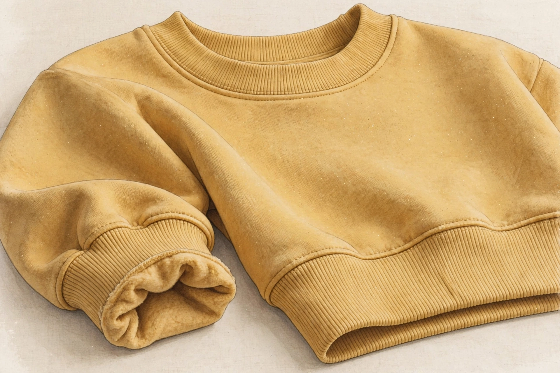 Classic crewneck sweatshirt detail showing ribbed neckline, cuffs, and hem