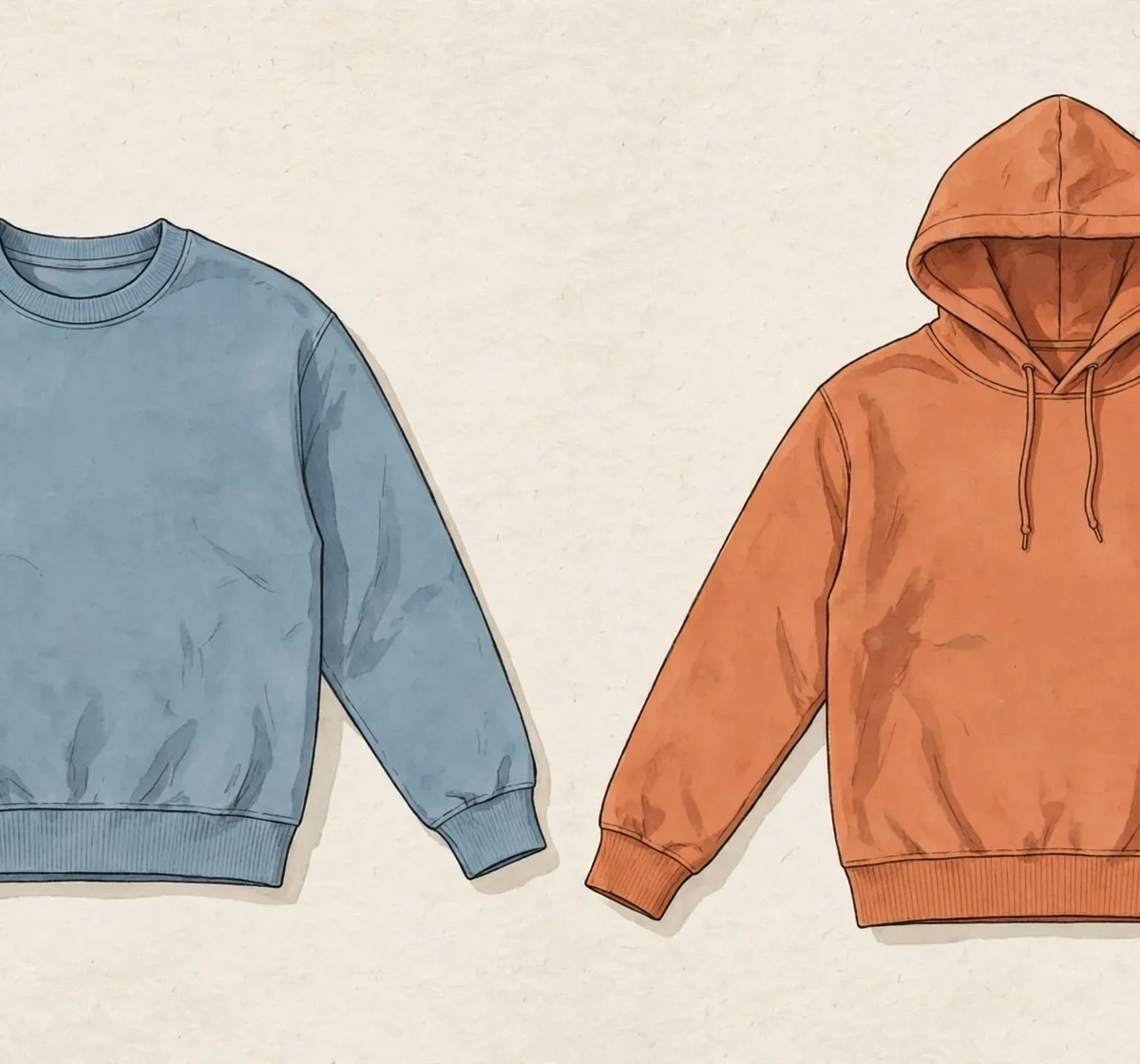 Sweatshirt vs hoodie comparison: crewneck sweatshirt beside hooded sweatshirt in flat lay