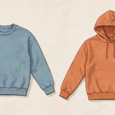 Sweatshirt vs hoodie comparison: crewneck sweatshirt beside hooded sweatshirt in flat lay