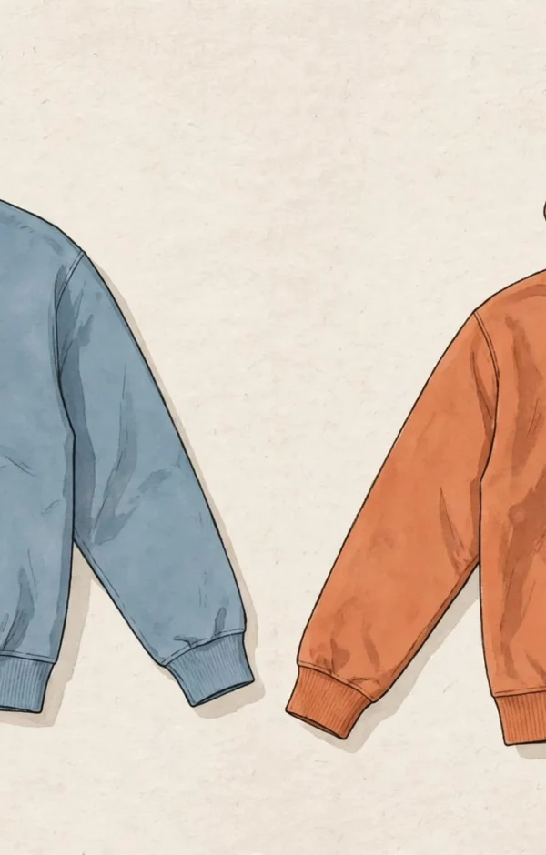 Sweatshirt vs hoodie comparison: crewneck sweatshirt beside hooded sweatshirt in flat lay